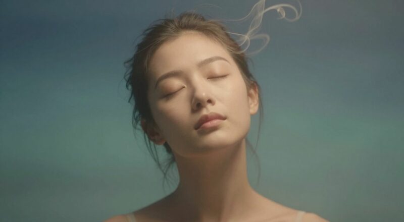 Femme détendue, yeux fermés, lumière douce, symbolisant la paix intérieure.