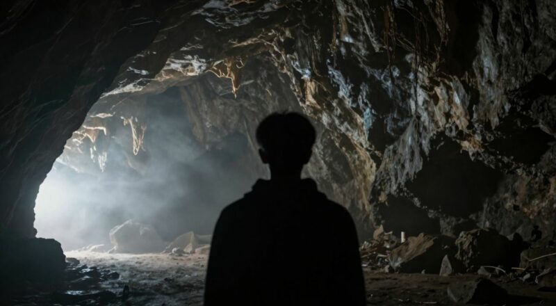 Silhouette d'une personne face à une grotte sombre et effrayante.