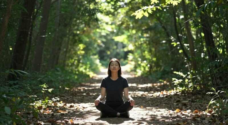 Personne méditant dans la nature, trouvant la paix intérieure.