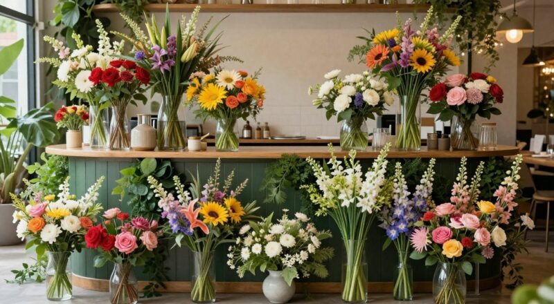 Bar à fleurs coloré avec des arrangements floraux frais.