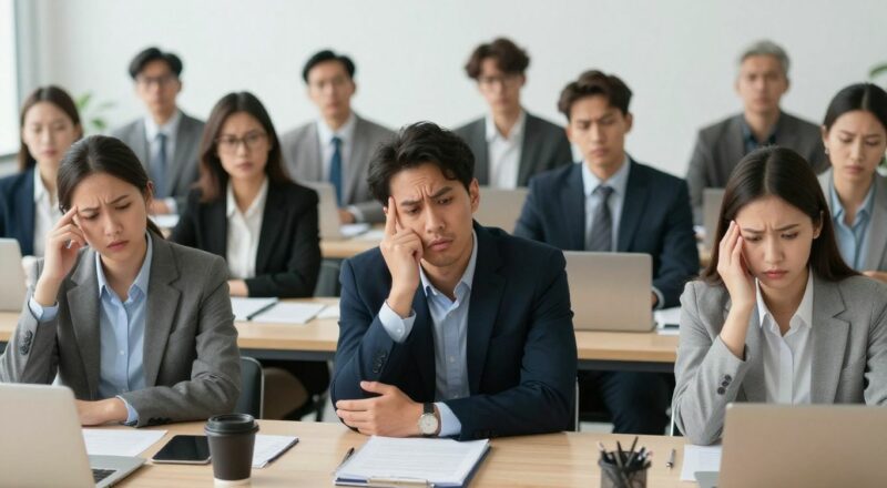 Diverse leaders struggling with cross-cultural communication in a meeting.